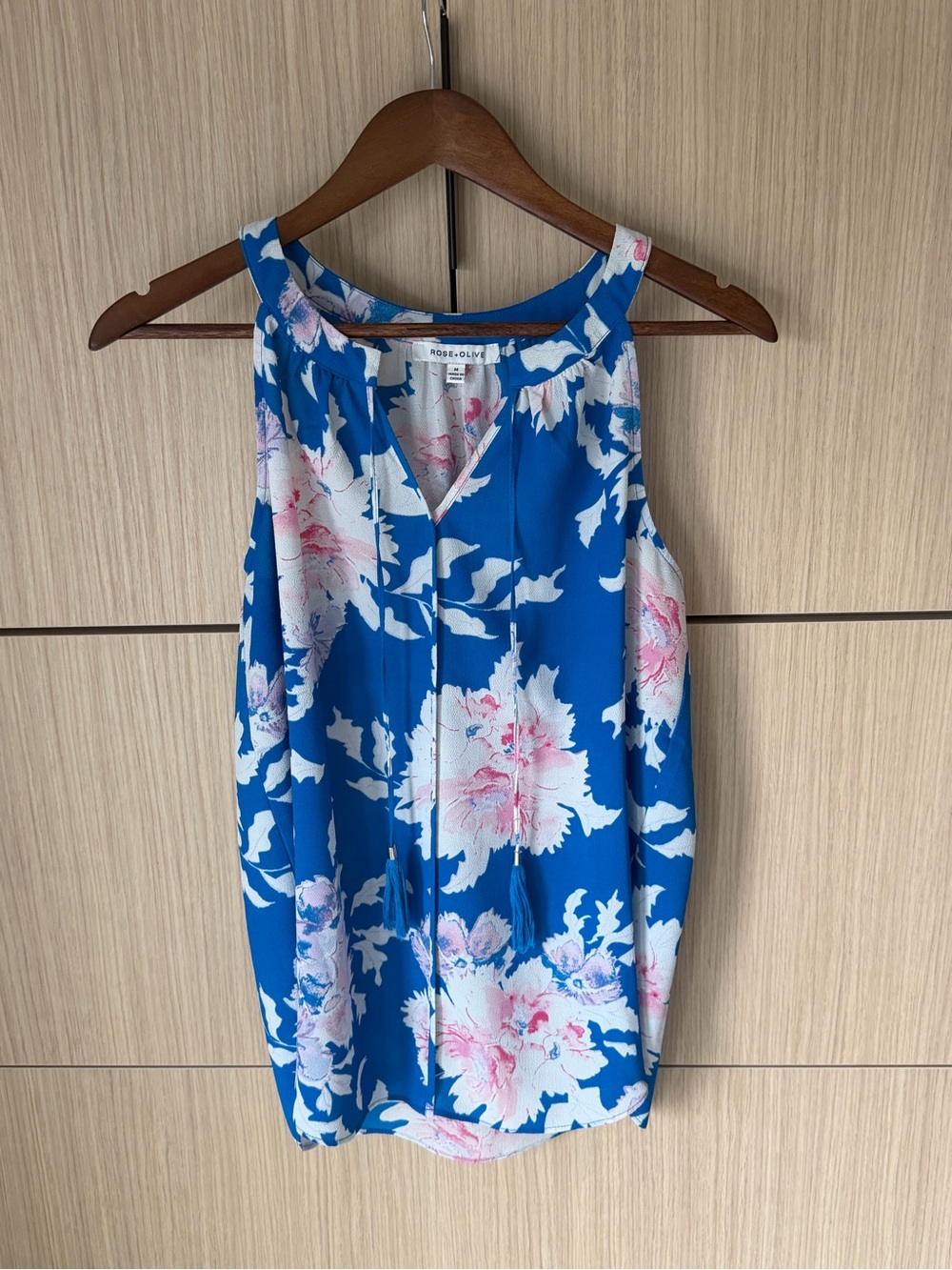 Rose & Olive Blue Floral Halter Tank with Pink and White Blooms